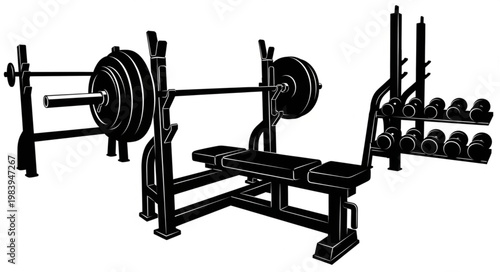 Gym equipment for weightlifting and strength training exercises.