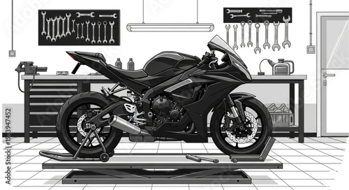 Black sport motorcycle on a repair stand in a workshop.