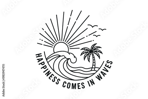 Tropical beach scene with sun waves and palm tree happiness comes in waves