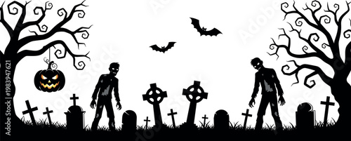 Spooky Halloween graveyard scene with zombie silhouettes, bats, twisted trees, and glowing pumpkin in dark cemetery landscape
