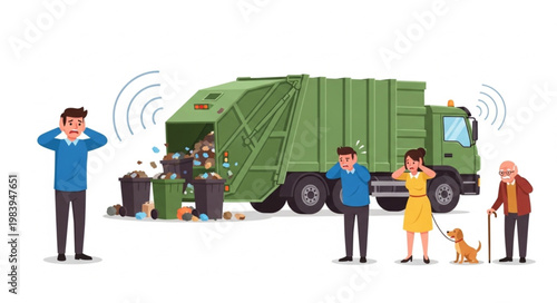 Garbage truck collecting trash with people covering ears from noise.
