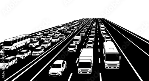 Heavy traffic jam on a multi lane highway with cars and trucks.