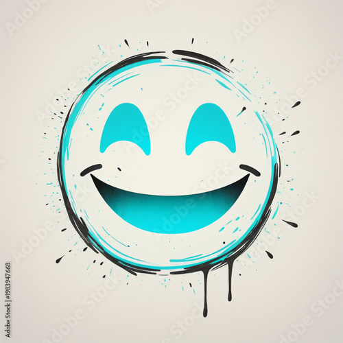 Artistic happy smiley face icon with ink splashes and teal color accents.