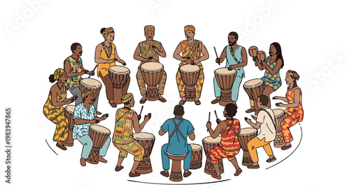 Diverse group of people joyfully playing traditional African drums in a circle, celebrating culture and community with rhythmic beats and vibrant attire