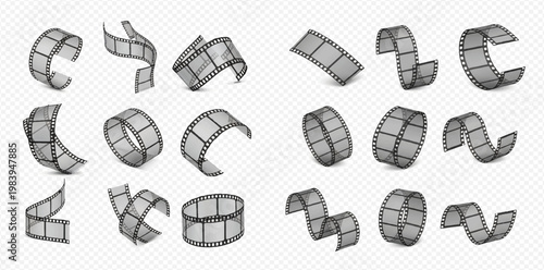 Set of realistic film strip elements, 3D cinema movie tape, video recording, photographic reel, retro media, vintage camera, isolated on transparent background.