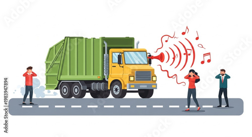 Garbage Truck Emitting Loud Noise Annoying People on Street.
