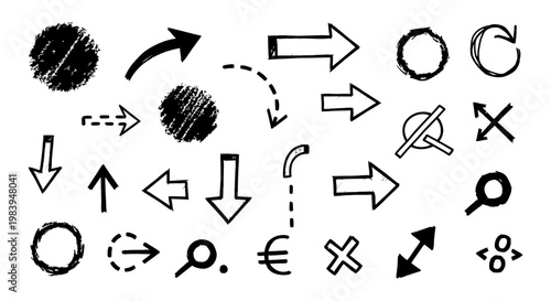 hand-drawn arrows doodle icons sketch symbols vector illustration in black white useful for graphic design and user interface elements.