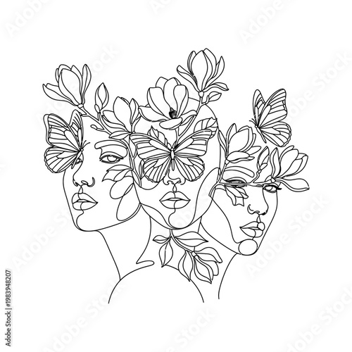 abstract line art faces with butterflies and flowers symbolizing growth and transformation