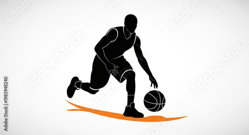 Silhouette of a basketball player dribbling the ball on a court.