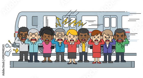 Group of diverse people expressing fear and shock on a train platform.