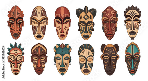 Collection of vibrant and decorative tribal masks from various African cultures