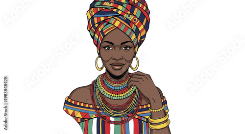 Vibrant African woman in traditional colorful attire with headwrap and jewelry