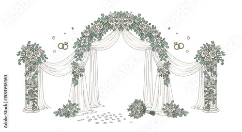 Elegant Wedding Arch Decorated with White Flowers and Draping Fabric.