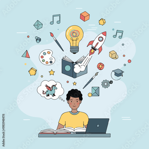 Boy thinking at a desk.