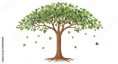 A majestic tree with green leaves falling gently in the breeze, symbolizing growth and nature's beauty in a serene setting