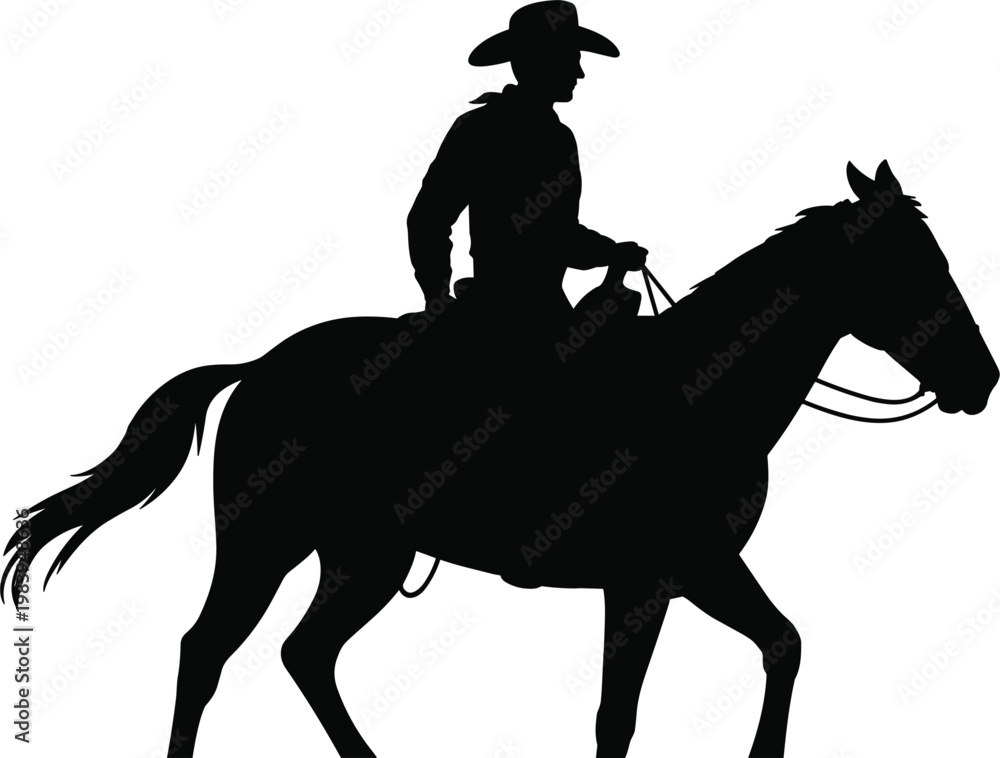 Naklejka premium Cowboy riding horse silhouette, western ranch lifestyle isolated vector illustration black and white design