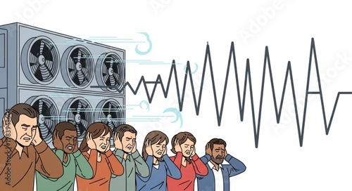 Group of people covering ears from loud industrial noise sound wave.