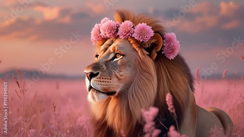 Majestic lion with flower crown in pink field at sunset