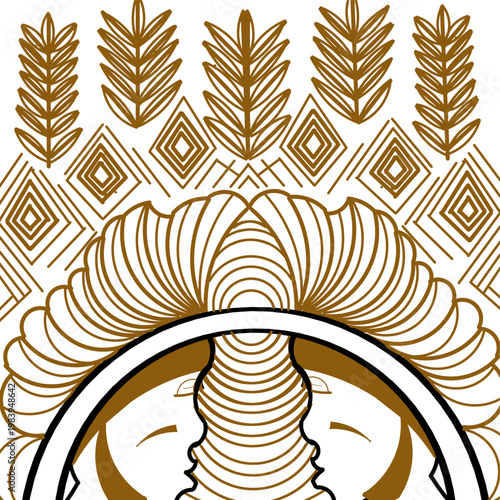 Illustration of an ethnic wallpaper featuring a two-faced motif with a mohawk and rice leaves