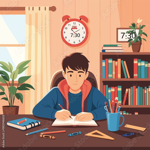 Boy sitting at desk writing book.