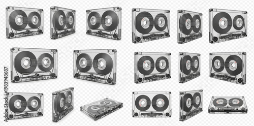 Collection of vintage audio cassette tapes in various angles, showcasing retro music storage technology.