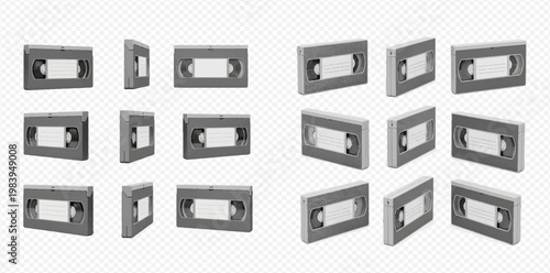 Set of vintage VHS video cassettes in various angles, retro media for recording and playback.