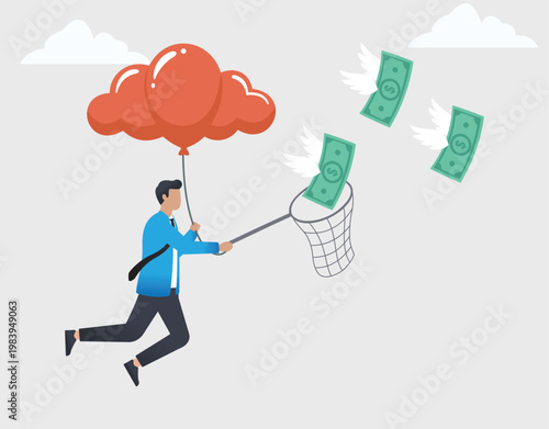 Businessman Flying with Red Balloons Catching Flying Money Banknotes