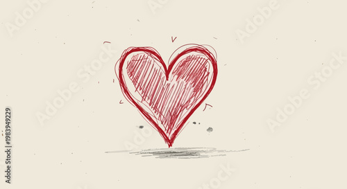 Hand drawn red heart symbol on cream background for love and affection