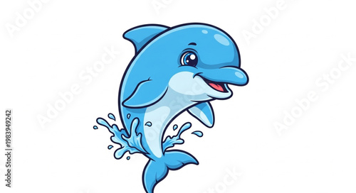 Happy cartoon dolphin jumping out of water with splashes.