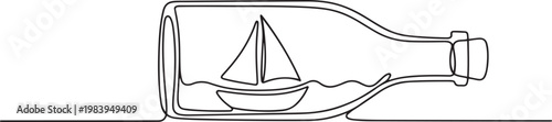 glass bottle with boat inside colorless. one line icon drawing vector