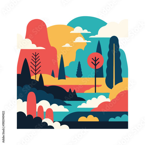 Colorful abstract landscape with trees clouds.