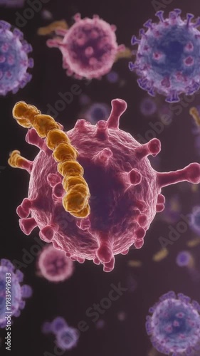 Microscopic view of various viruses and bacteria in a dark background