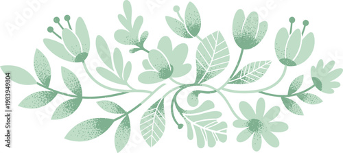 Elegant hand-drawn botanical illustration featuring delicate green flowers and leaves, ideal for organic spring decor and design projects