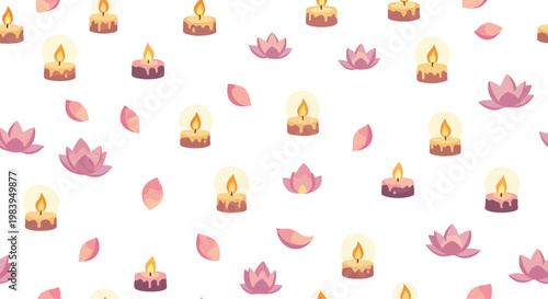 Peaceful pattern of lit candles and pink lotus flowers on white background