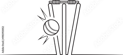 Minimal line art illustration of a cricket ball hitting the stumps, capturing a wicket moment. one line icon drawing vector