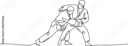 Single continuous line drawing of two young sportive judoka fighter men practice judo skill at dojo gym center. one line icon drawing vector