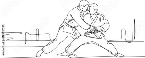Single continuous line drawing of two young sportive judoka fighter men practice judo skill at dojo gym center. one line icon drawing vector