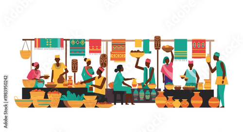 Vibrant marketplace scene with diverse vendors selling colorful goods and products