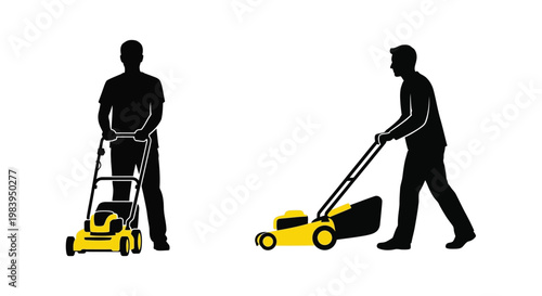 Man mowing lawn with a yellow mower graphic black silhouette