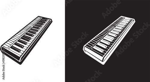 Black and White Electronic Keyboard Synthesizer with Control Panel and Keys.
By Design Vault