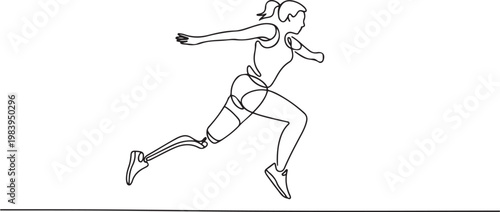 Single one line drawing female athlete amputee on prosthetic leg long jump competition at athletics. one line icon drawing vector