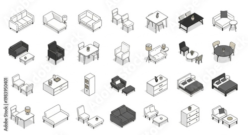 Collection of Isometric Furniture Icons for Interior Design.