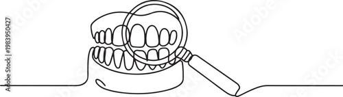 continuous line drawing teeth zoom with magnifying glass. one line icon drawing vector