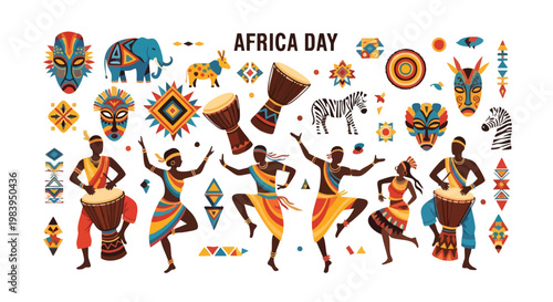 Vibrant African dancers celebrating Africa Day with traditional drums and colorful patterns