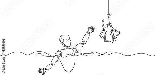 Single one line drawing robot swims and reaches for banknotes attached to a hook. Investing in an uncertain future for robots. one line icon drawing vector