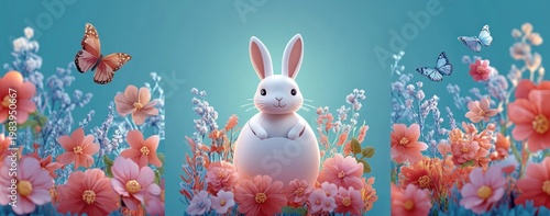 Playful white bunny peeking from an egg-shaped shell amid pink and orange blossoms and butterflies on a serene teal spring background