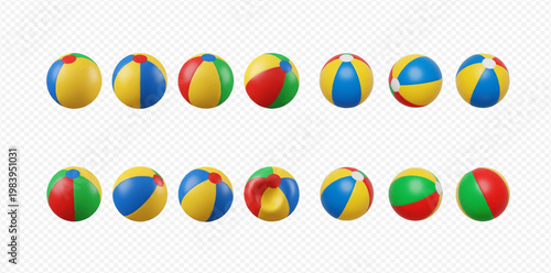 Set of colorful inflatable beach balls isolated on a transparent background, perfect for summer fun and games.