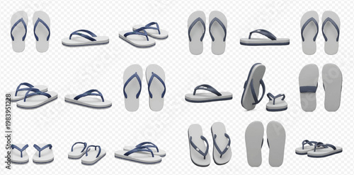 Set of white flip-flops with blue straps in various angles and views, isolated on transparent background.