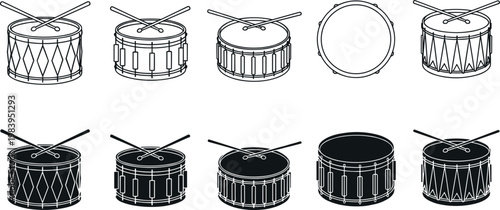 Snare drum vector set with drumsticks percussion instruments outline and silhouette icons isolated on light background for music design