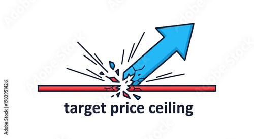a blue arrow breaking through the target price ceiling symbolizing market growth and financial success overcoming limits